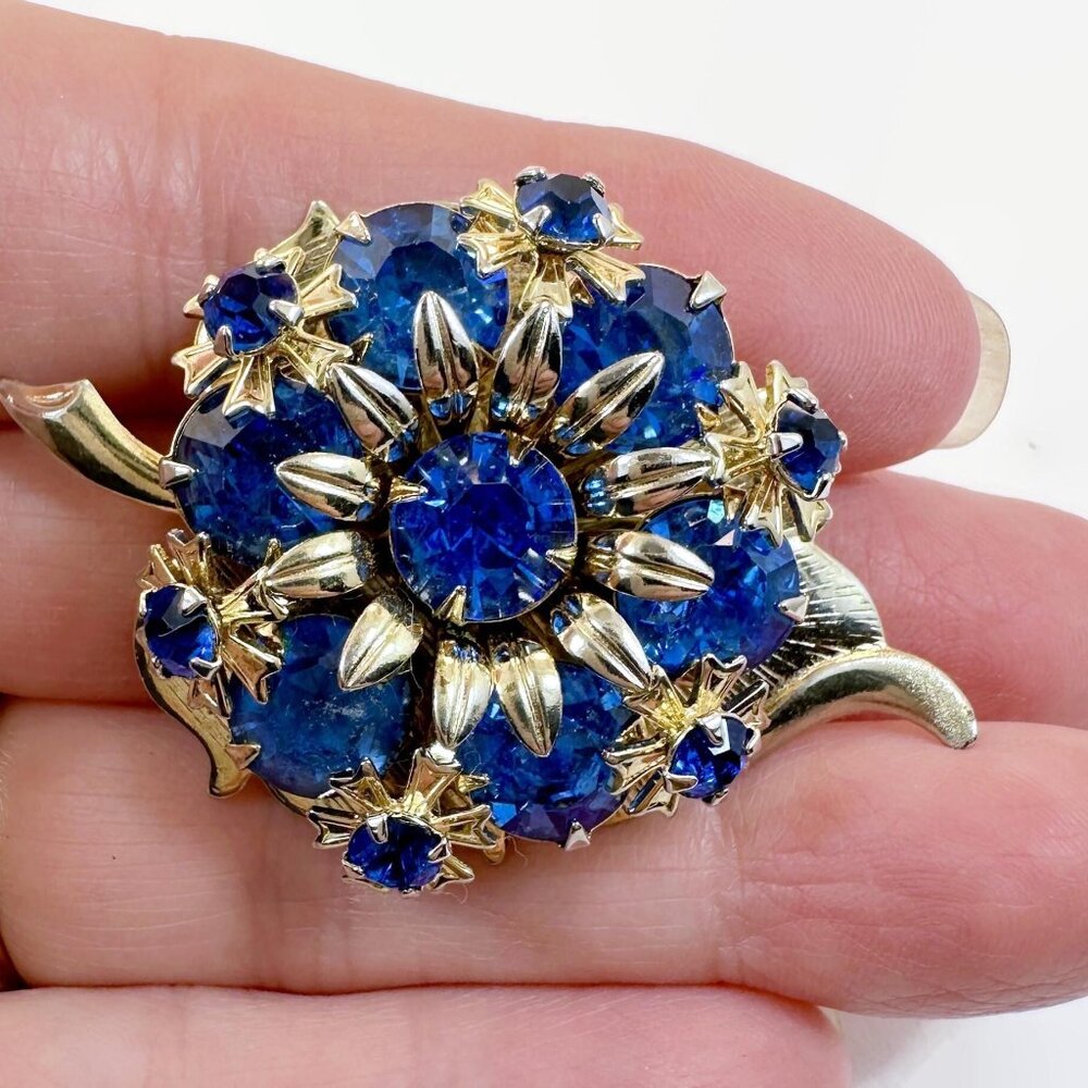 Rhinestone Brooch, Blue, Gold, Leaf, Metal, Riveted, 1950s, 1960s, Glass